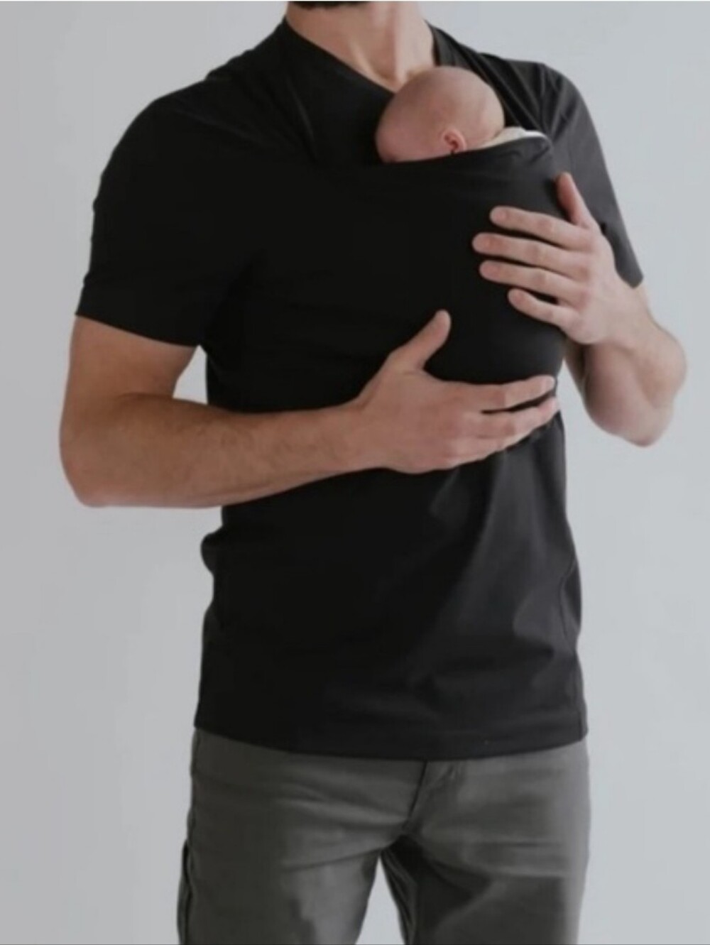 Men's Black Crewneck T-Shirt with Built-In Baby Pouch Size Large